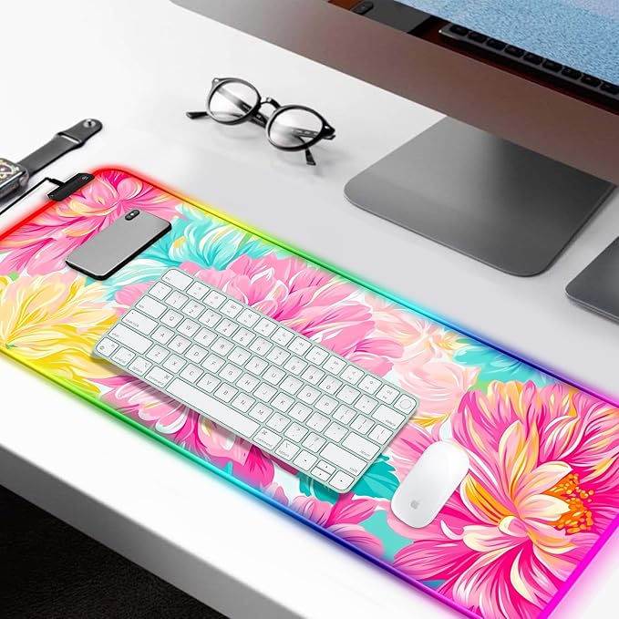 RGB Pink Flower Gaming Desk Mat, Computer Keyboard Large Extended Long Floral LED Mouse Pad for Office and Home, XL (W29)