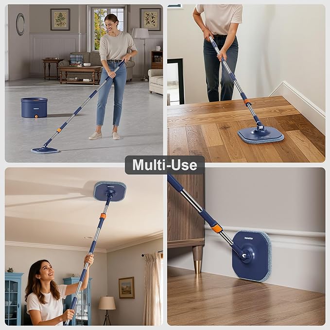 HoMettler Spin Mop and Bucket Set, Mop Bucket with Separate Dirty Water System, Deep-Cleaning Mops for Floors/Wall, Versatile Mops with 4 Microfiber Mop Pads