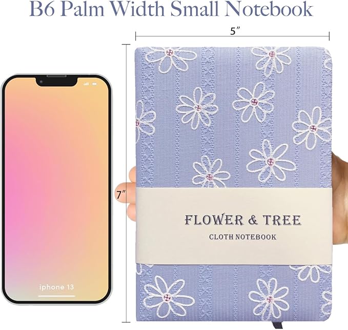 B6 Notebook, Flower Fabric Journal, Writing Notebook for Women, 5x7 Lined Notebook & Sketchbook, Lay Flat Hardcover Notebook, Small Sketchbook, Daisy Gifts for Girl, Blue