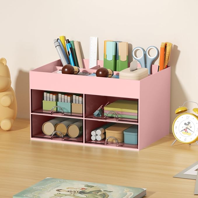Marbrasse Pen Organizer with 4 Drawer, Multi-Functional Pencil Holder for Desk, Desk Organizers and Accessories with 4 Compartments + Drawer for Office Art Supplies (pink)