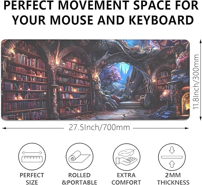 Magic Library Mouse Pad,Mysterious Collection of Books Mousepad Desk Pad with Stitched Edges,Non-Slip Waterproof Rubber Base Mouse Mat Desk Mat for Office Computer Keyboard Laptop Home(27.5x11.8 in)