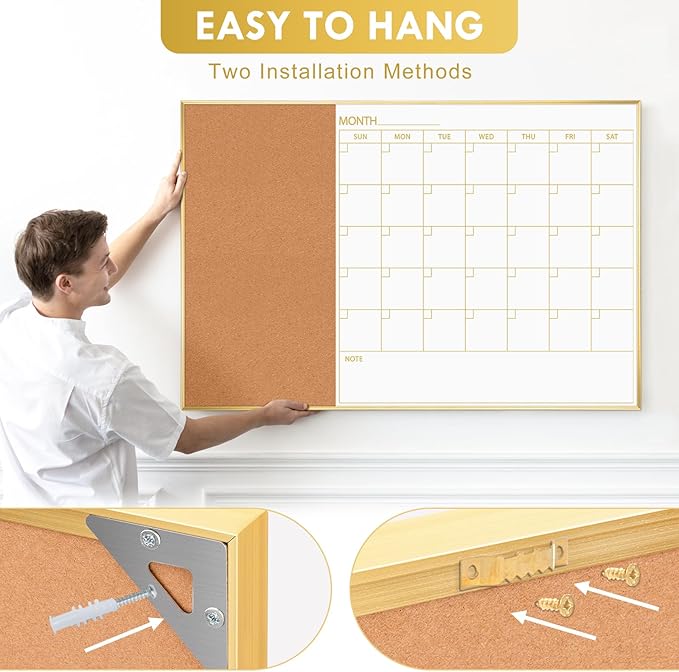 ARCOBIS Whiteboard Calendar with Cork Board, 36"x24" Magnetic White Board Calendar Dry Erase for Wall, Gold Frame Monthly Combination Board for Office, Home, School