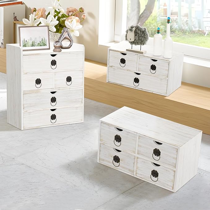 Wood Desk Organizer, White Wooden Desktop Organizer with Drawer, Tabletop Storage Organization Box for Countertop, Home Office Supplies, Bills (4 Drawer)