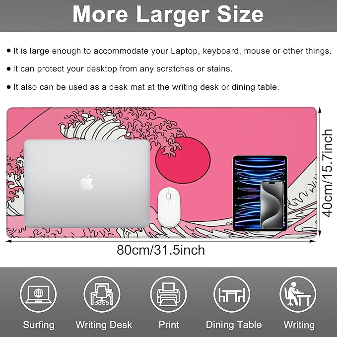 Mouse Pad, Large Great Wave in Vaporwave Pop Art Desk Mat, Extended Non-Slip Gaming Keyboard Mousepad Desk Pad, Thick Stitched Edges Waterproof Mouse Mat 31.5"x15.7" (Ocean's Crest Leap)