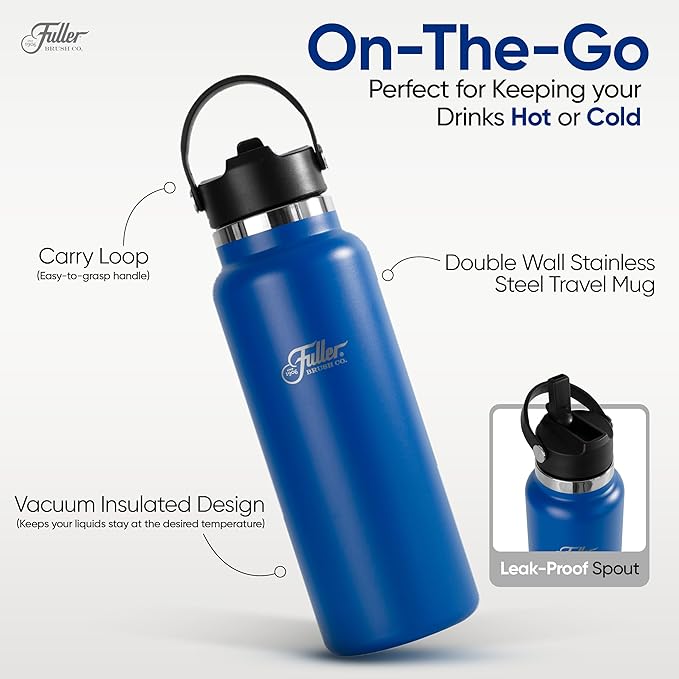 Fuller Stainless Steel Water Bottle with Straw Lid – BPA-Free, Sweat-Proof, Leak-Proof Travel Mug – Double Wall Insulated for Hot & Cold Drinks – Carry Handle (Mazarine Blue, 40 Oz.)