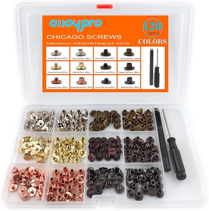 Alloypro 120 Sets Chicago Screws with Hole Puncher and Screwdriver Assorted Kit 6 Color Leather Rivets Screw Flat Fillister Book Binding Posts Nail Rivet Chicago Bolts for DIY Leather Craft (5×5mm)