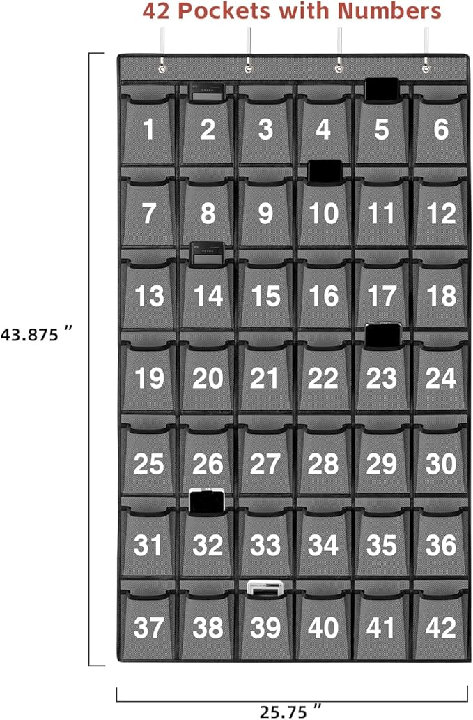 42 Pockets Numbered Classroom Pocket Chart for Cell Phones, Hanging Pocket Chart Storage for Classroom Phone Calculator Holder with 4 Hooks and 42 Clear Numbers Printing (Grey-42pockets)