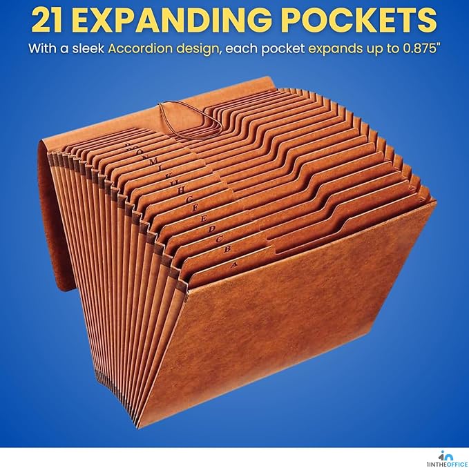 1InTheOffice Expanding File Folder Organizer, Accordion Folder with Flap, A-Z File Organizer Letter Size, Brown