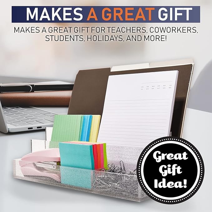 Acrylic Desk Organizer for Office Supplies and Desk Accessories, 12.5” x 5.5” x 4” and 5mm Acrylic Valet to Organize Documents, Mail, Paper Clips, Sticky Notes, Tablet, Other Storage (Clear Glitter)