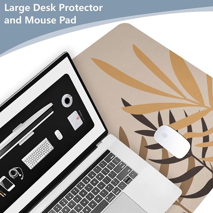 Mouse Pad Desk Mat Leather Desk Pad Large Gaming Desk Cover Protector Mat for Keyboard Computer Laptop Office Waterproof 47.2 x 23.6 Inch Boho Leaves Beige