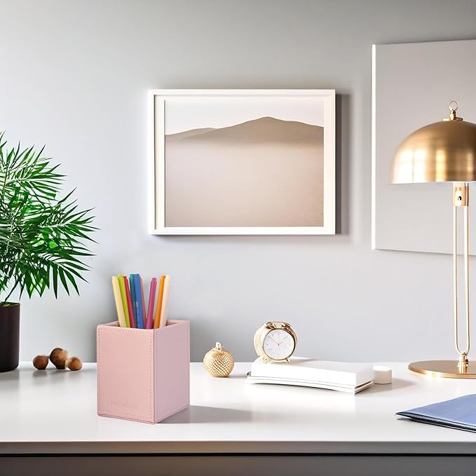 UnionBasic Square Pen Holder, Leather Pencil Cup, Desktop Caddy Stationery Organizer, Taiga Pattern Leather, Pink