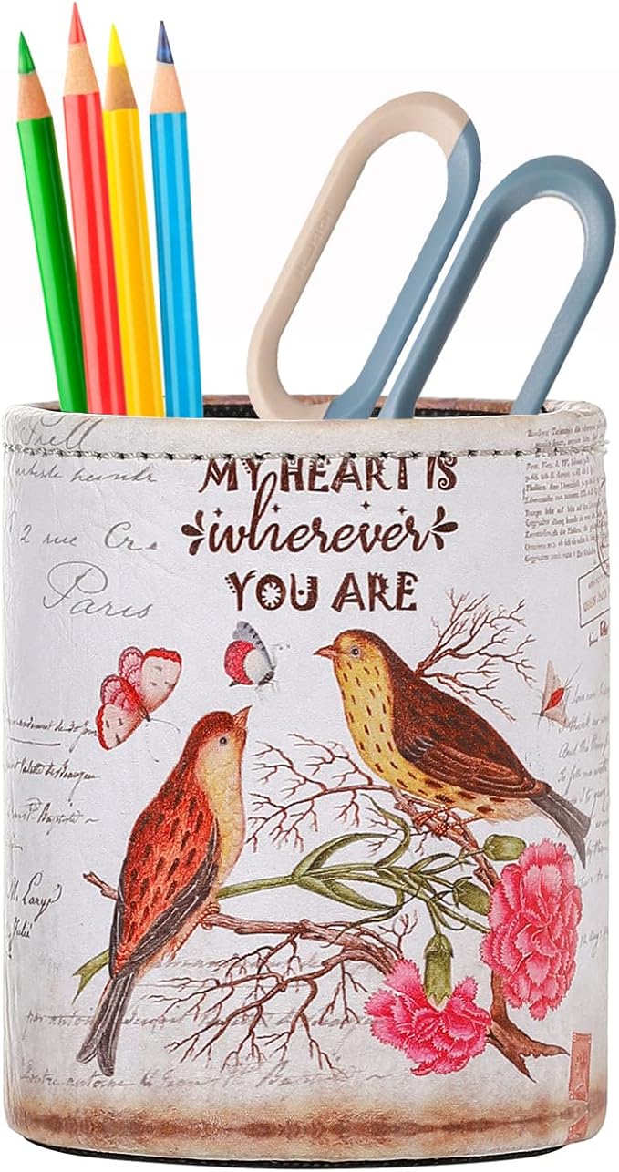 Pen Organizer for Desk, PU Leather Cute Pen Holder for Cosmetics Office Supplies, Gifts for Mom Wife Grandma, Love Birds PH83