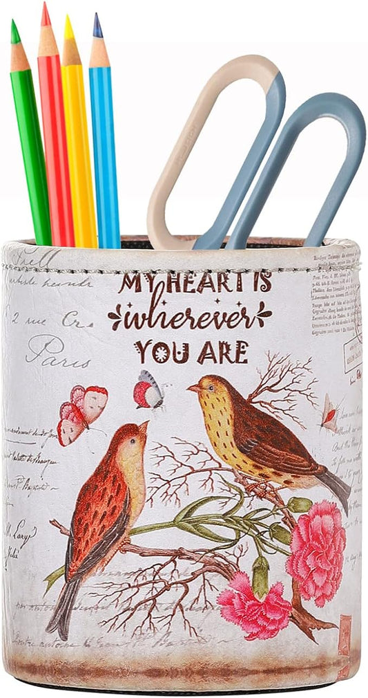 Pen Organizer for Desk, PU Leather Cute Pen Holder for Cosmetics Office Supplies, Gifts for Mom Wife Grandma, Love Birds PH83