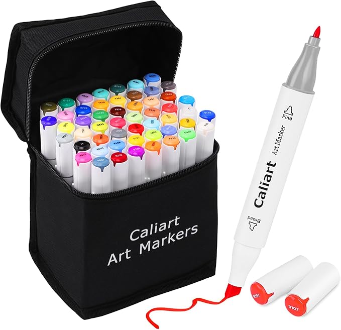 Caliart Alcohol Based Markers, 52 Colors Dual Tip Art Marker Set Fine & Chisel, Permanent Colored Pens for Adults Coloring Book Artists Illustration Sketch Lettering Drawing Cards Planner