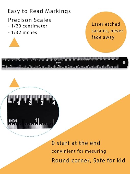 Metal Ruler 12 Inch, Metric Ruler Dual Scale with Laser Etched Measurement, 2 Pack Easy to Read Aluminum Straight Edge with Inch to Millimetre Conversion Table for Office Back to School Student