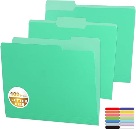100 Packs Colored File Folders,Light Green File Folders,Two Tone Color File Folder 8.5 x 11 Inch,1/3 Cut Tabs Letter Size,Manila File Folders for Office,School and Home,Organization