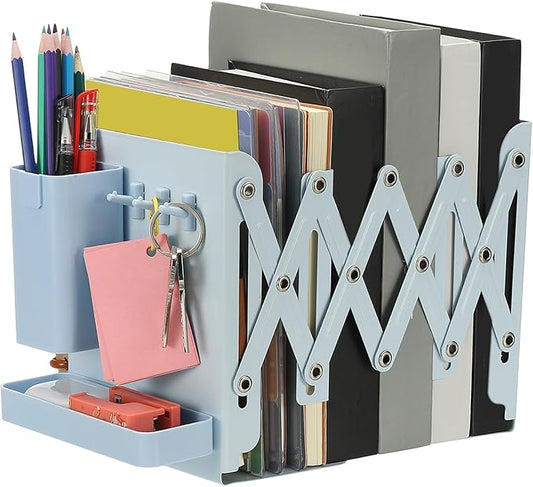 PATIKIL Adjustable Book Ends, 7.5" Tall Heavy Duty Metal Adjustable Bookends Book Holders Organizer with Removable Pen Holder Tray and 3 Hook-up for Heavy Books Desk Office Home, Blue