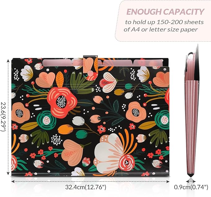 SKYDUE Expanding File Folder with 5 Pockets, Floral Accordion File Organizer for Important Document，Portable Receipt Paper Organizer，School Office Supplies Black