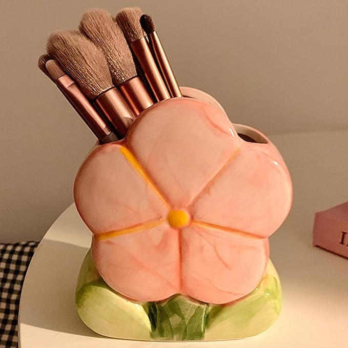 Pink Makeup Brush Holder Pen Holder for Office Desk Accessories Aesthetic Pencil Holder Cute Flower Home Decor Birthday Gifts for Women Vanity Toothbrush Holder Kawaii Kitchen Utensil Holder