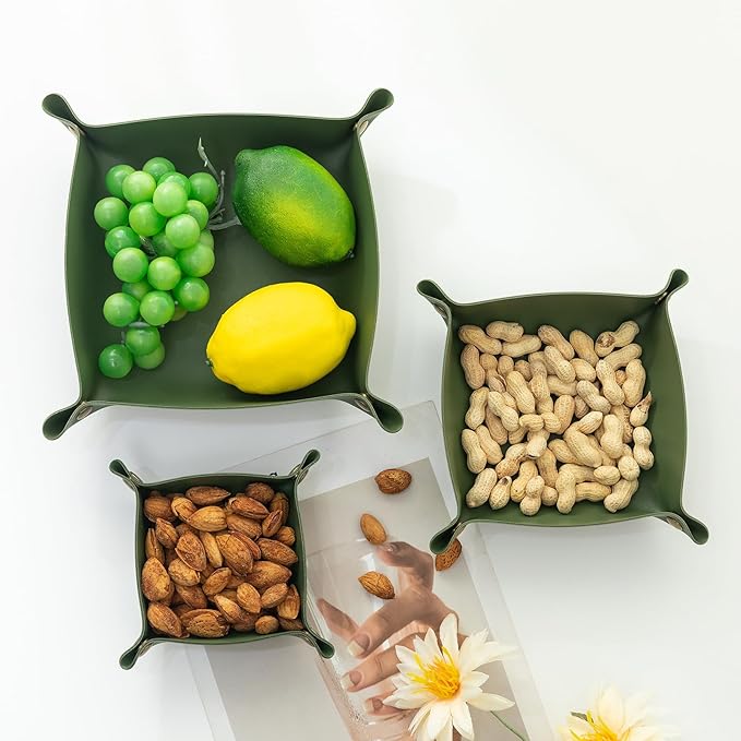 3 packs PU Leather Tray in 3 Sizes Jewelry Tray Glossy Leather Desk Organizer Leather Catchall Tray for Jewelry/Key/Coin/Sun Glasses/Watch/USB Cables etc. (Avocado green)