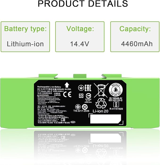 Dentsing 14.4V ABL-F Battery for iRobot Roomba i3 i3+ 3150 i4 i4+ 4150 i7 i7+ j7 j7+ 7158 7150 7550 7558 i8 and e5 5150 e5150 e6 e6198 Replacement Battery for Roomba i & e & j Series 64.2Wh 4460mAh