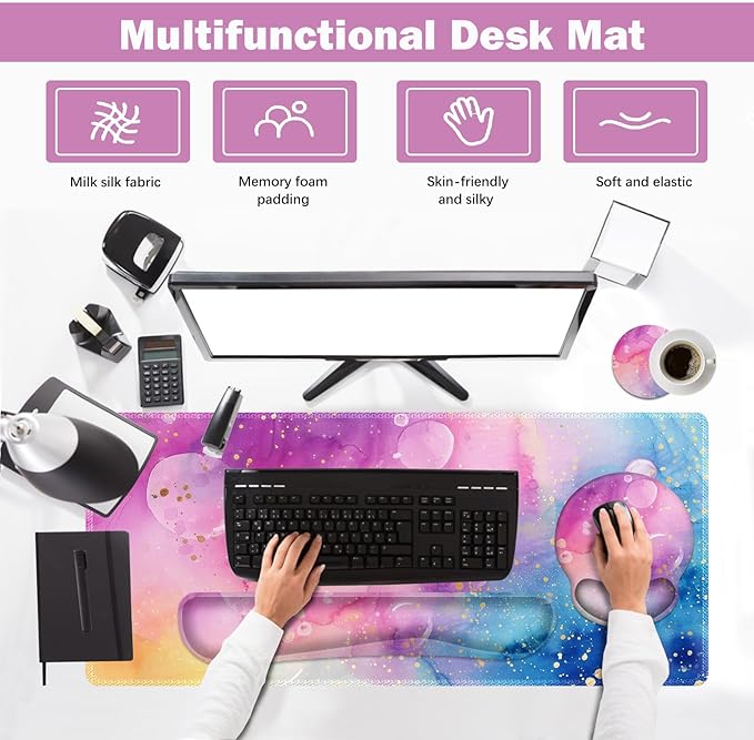 ARTSO Large Mouse Pad and Keyboard Wrist Rest, Ergonomic Mouse Pad with Wrist Support, Non-Slip Desk Mat Protector for Office, Home -Blue Pink Ink Marble