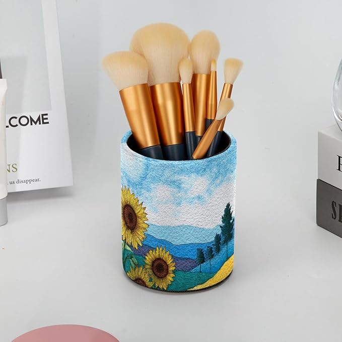 Watercolor Art Sunflower Circular Pen Holder, Pen Cup Makeup Brush Holder, Design for School, Home and Stationary Supplies (3.9 x 3.1 Inches)
