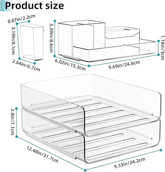 Paper Organizer Letter Tray - Acrylic Stackable Desk File Organizer with 5-Gird Tray and Pencil Holder, Clear File Organizer for Desk, Office Organizer for File Paper, Ipad, Letter, Small Item Etc