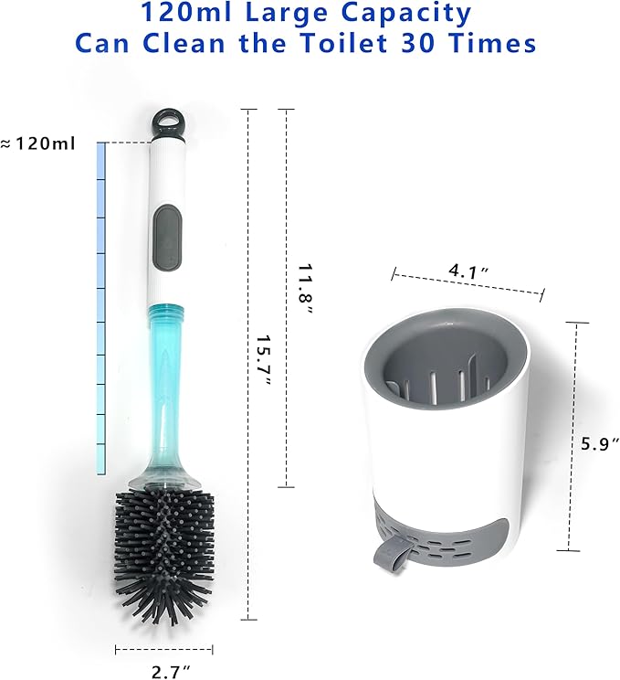 BERGFBV Silicone Toilet Brush and Holder Set, 1 Pack Bendable Toilet Scrubber for Curved Rim, Non-Scratch Drip-Resistant Brush with Sprayer, Space Saving Bathroom Essentials (1)