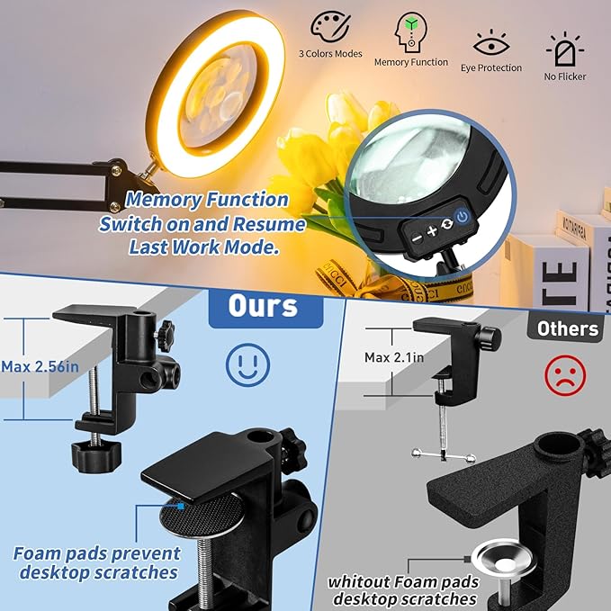 HITTI Ultra Long 12X & 30X Magnifying Glass with Light and Clamp, 5 Color Modes Steepless Dimming Desk Lamp, Swivel Arm Workbench Light, Hands Free Lighted Magnifier Stand for Craft Reading Hobby