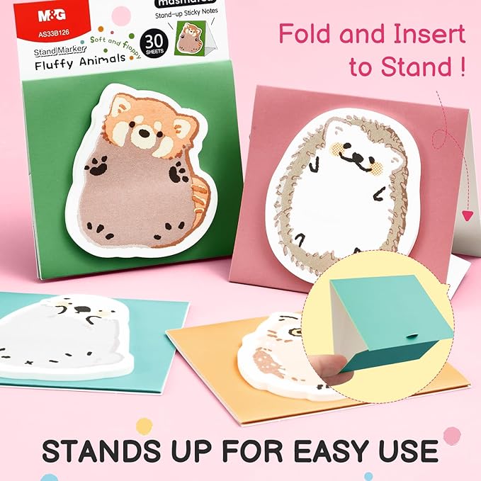 M&G Puffy Animal Sticky Notes, 4 Pads 120 Sheets, 3 x 2 Inch Cute Cartoon Memo Pads, Foldable Stand Self-Stick Notes for School Office Home