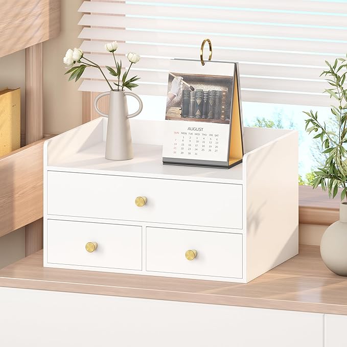 Bamboo Desk Organizer with Drawers Wooden Desktop Storage Drawers for Bills Office Supplies Kitchen Utensils Organizing Tool for Home Classroom Organization No Assembly (3 Drawers, White)