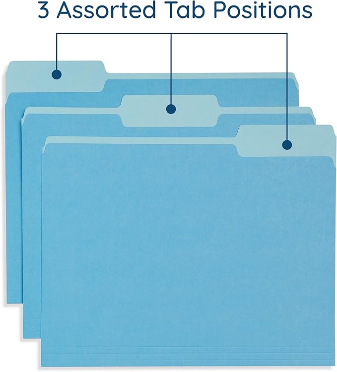 100 Blue Summit Supplies Colored File Folders - Ocean Tone Colors, 1/3 Cut Tabs, Letter Size, 11pt Durable Paper, Decorative Colored File Folders for Files, 100 Pack