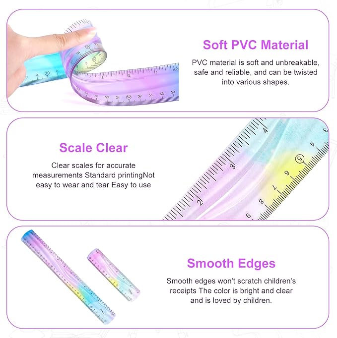 4 PCS Flexible Bendable Ruler Soft Plastic Gradient Colour Ruler with Centimeters and Inches Unbreakable for Classroom Homes Office Supplies,30cm 15cm Set