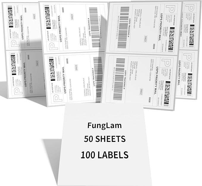 Half Sheet Shipping Labels 8.5x5.5 Inches, FungLam Half Page Labels, 8.5”x11” Self Adhesive Shipping Labels for Laser&Inkjet Printers, White Mailing Address Labels, 2 Labels Per Sheet, 100 Labels.