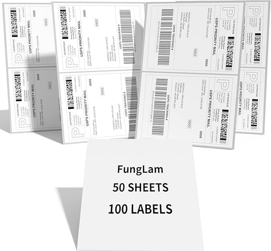 Half Sheet Shipping Labels 8.5x5.5 Inches, FungLam Half Page Labels, 8.5”x11” Self Adhesive Shipping Labels for Laser&Inkjet Printers, White Mailing Address Labels, 2 Labels Per Sheet, 100 Labels.
