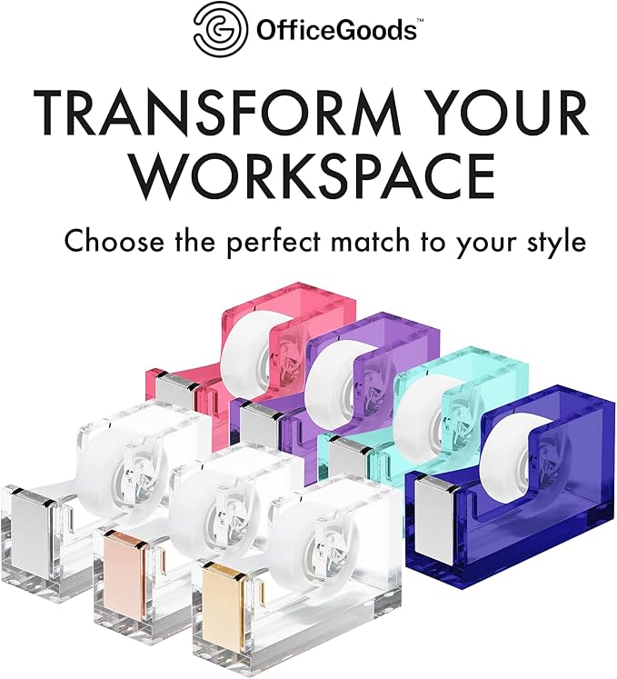 OfficeGoods Acrylic Tape Dispenser – Modern Desk Organizer for Office Supplies – Heavy Duty Refillable Tape Holder for Home and School Crafting – Stylish Desktop Accessory for Gift Wrapping, Silver