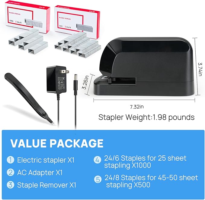 Electric Stapler for Desk Value Pack, 45 Sheet Capacity, Includes 1500 Staples & Staple Remover, No-Jam, Faster Stapling, AC Adapter Powered, Black