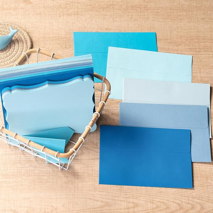 100 Pack A4 Envelopes with Colorful Blank 4x6 Cards Self-Adhesive Business Envelopes Invitations Cards Envelopes (5 Colors Blue, A4)