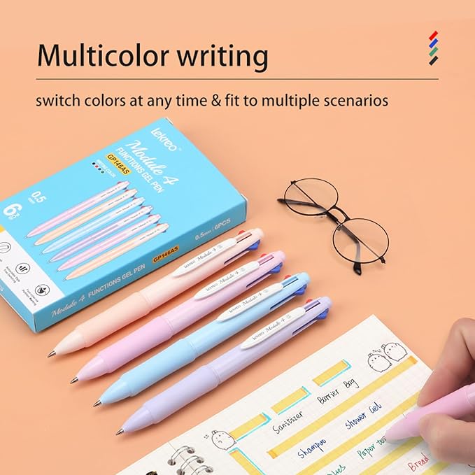 Multi-color Ballpoint Pens, 4-in-1 Colored Pens 0.7 Medium Fine Point,Ballpoint Gift Pens for Planner Journaling,Assorted Ink, 6-Count