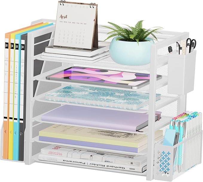 Simple Trending 6 Tier Desk File Organizer, Paper Letter Tray Organizer with File Holder and Pen Container, White