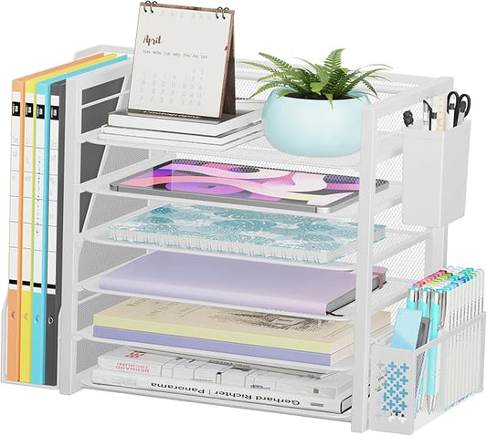 Simple Trending 6 Tier Desk File Organizer, Paper Letter Tray Organizer with File Holder and Pen Container, White