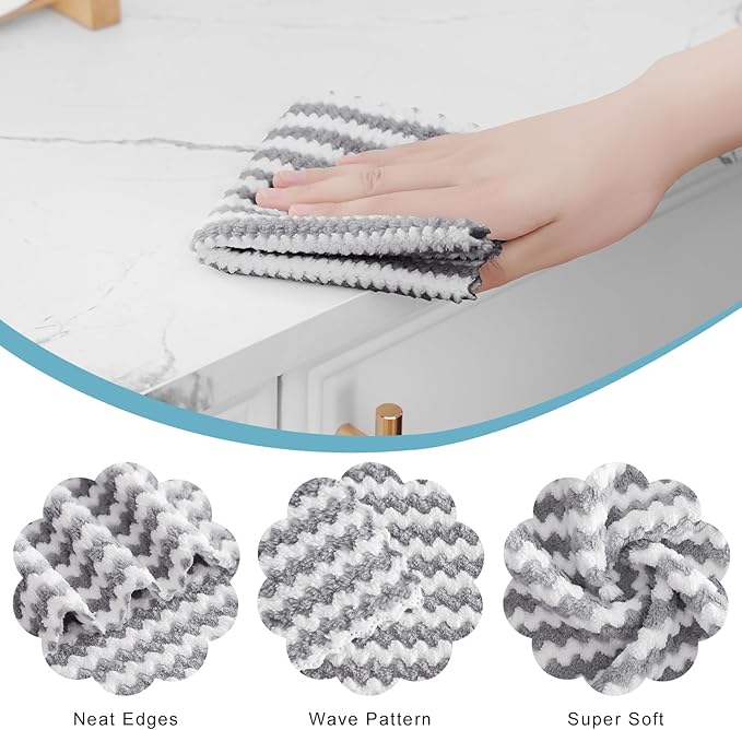 Homaxy 12 Pack Kitchen Dish Cloths, Ultra Soft and Absorbent Dish Towels, Reusable Fast Drying Microfiber Cleaning Cloth, Coral Velvet Wave Design No-lint, 10 x 10 inches, Grey
