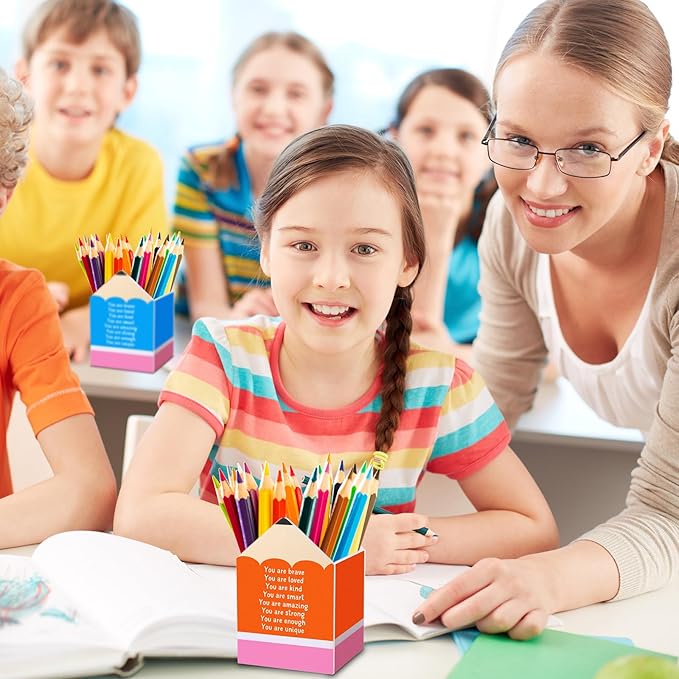 Sherr 12 Pcs Pencil Shaped Pen Holders, Acrylic Pencil Organizer Cups, Cute Creative Stationery Storage, Appreciation Gifts for Teacher Student School Classroom Office Home Desktop Supplies (Positive)