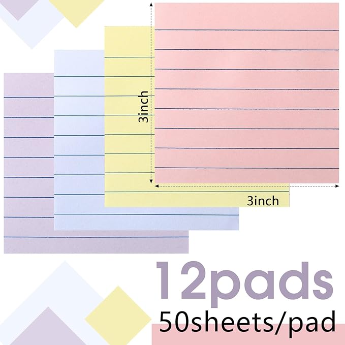 12 Pack Pastel Lined Sticky Notes 3x3 Inch Post Ruled Stickies Super Self Stick Power Memo Pads Multi Colors Notes Pads Vintage Aesthetic School Office Supplies Accessories