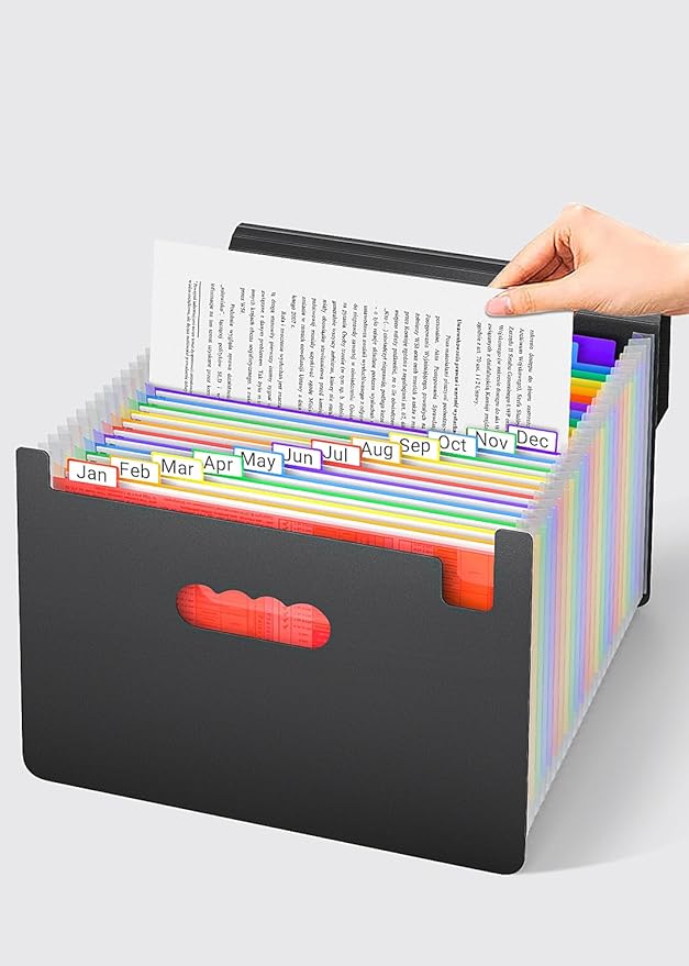 Expanding File Folders,Accordion File Organizer with Handle,25 Pockets Expandable File Folder Portable Filing Box,Adjustable Support Strap,Colored Tabs.Papers Bills Documents Organizer,A4/Letter Size