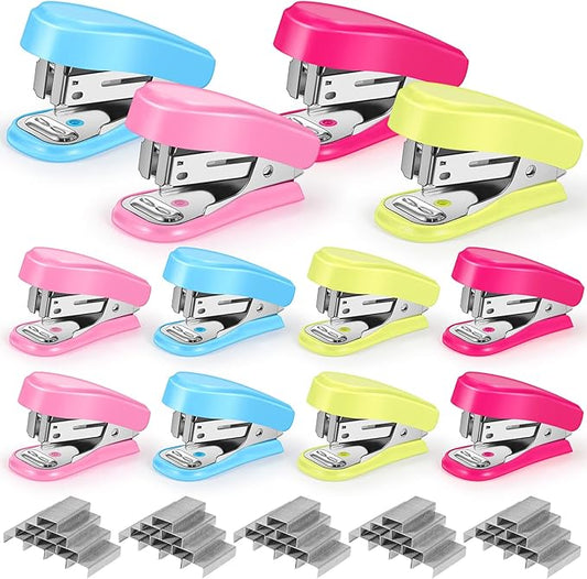 Ctosree 12 Pcs Mini Stapler Bulk with Boxes Staples Pink Small Staplers Set Built in Staple Remover, Cute Hand Held Desk Gifts for Back to School Office Supplies, 3 Colors