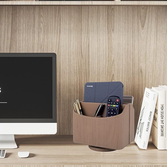 Leather Remote Control Holder/Caddy 360 Degree Rotating, Desk Organizer for TV Remote Controllers,Pen,Calculator,cell phone,gadget storage box,Nightstand Decoration(Light wood grain)