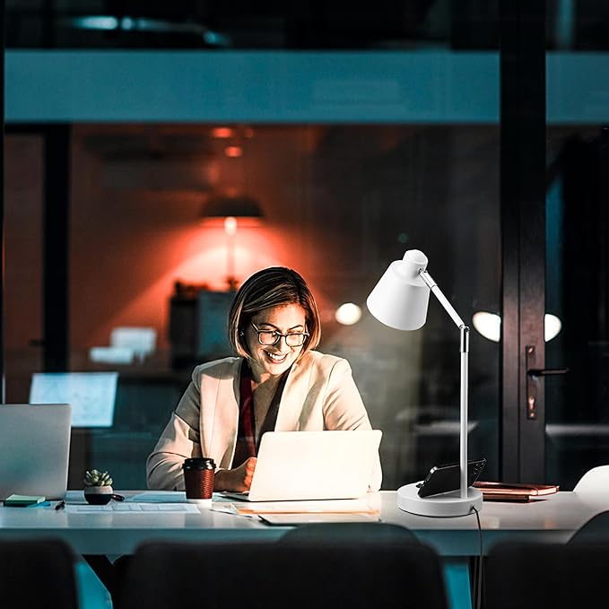 LED Desk Lamp with Dual USB Charging Ports, 100% Metal, 270° Swivel Arms, Soft White Light (3000K), Bedside Reading Lamp, Home Office Lamp(White)
