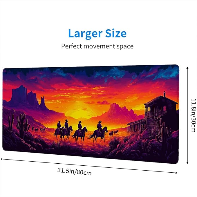 American West Gaming Mouse Pad Desk Pad Cowboys Wild Landscapes Mousepad XL Large Gaming Mouse Pad Laptop Keyboard Mat Desk Pad Office Home Decor for Women Girl 31.5"x11.8"